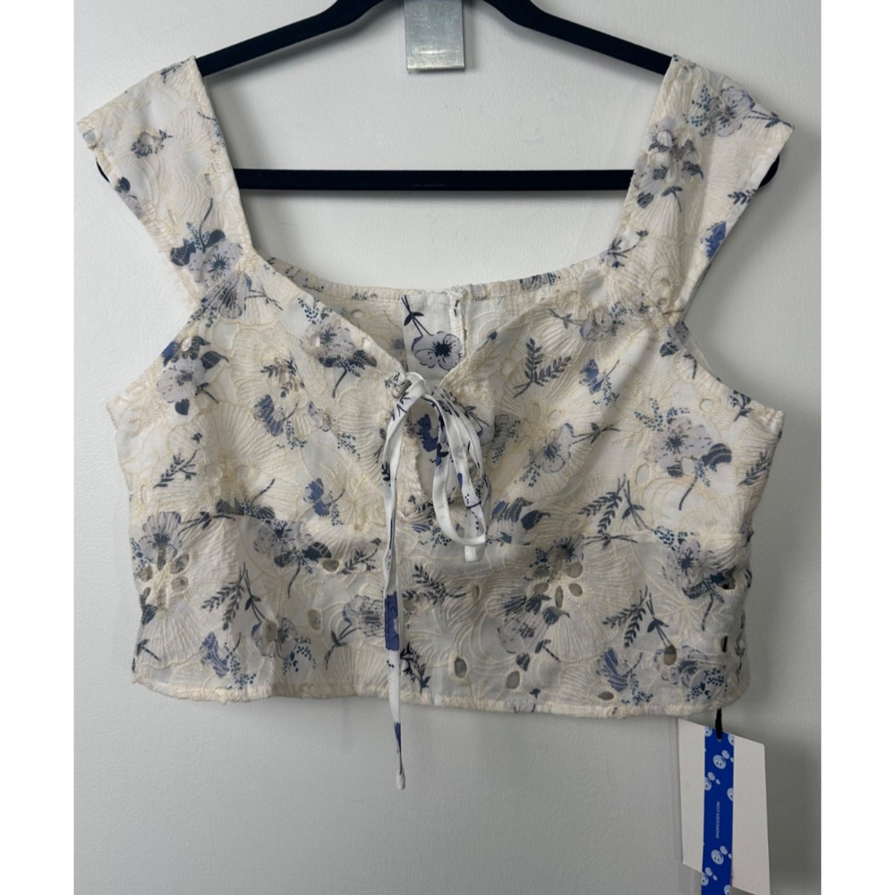 NEW CIDER L cottagecore Embroidered V Neck Cropped Blouse Floral Boho A28